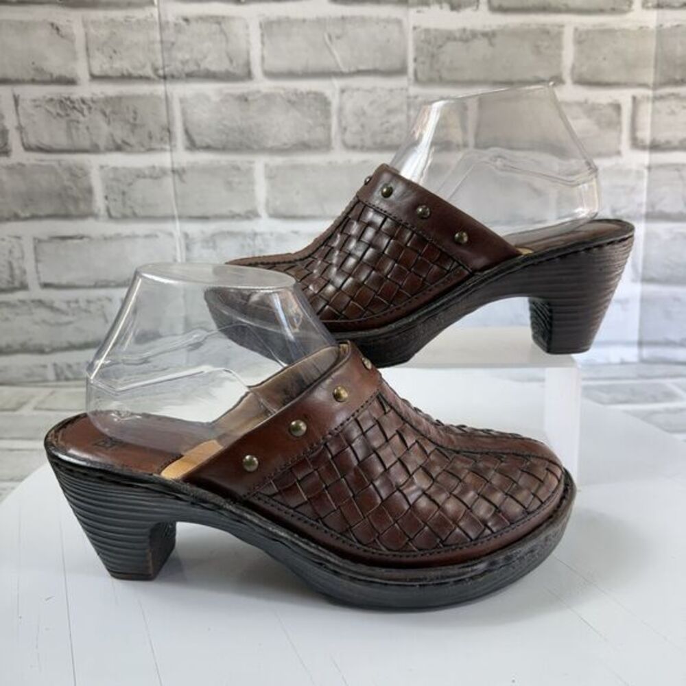 Born Brown Woven Leather Clogs Studded Platform Mules Block Heel Women's 8